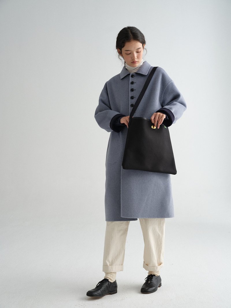 秋冬雙面尼兩面穿中長款霧藍深藍羊毛大衣 - 女西裝外套 - 棉．麻 多色