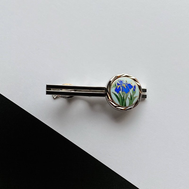 Silver Iris [Pearl Blue] Cloisonne tie clip, pure silver metal cloisonne, silver hardware - เนคไท/ที่หนีบเนคไท - เงิน สีน้ำเงิน