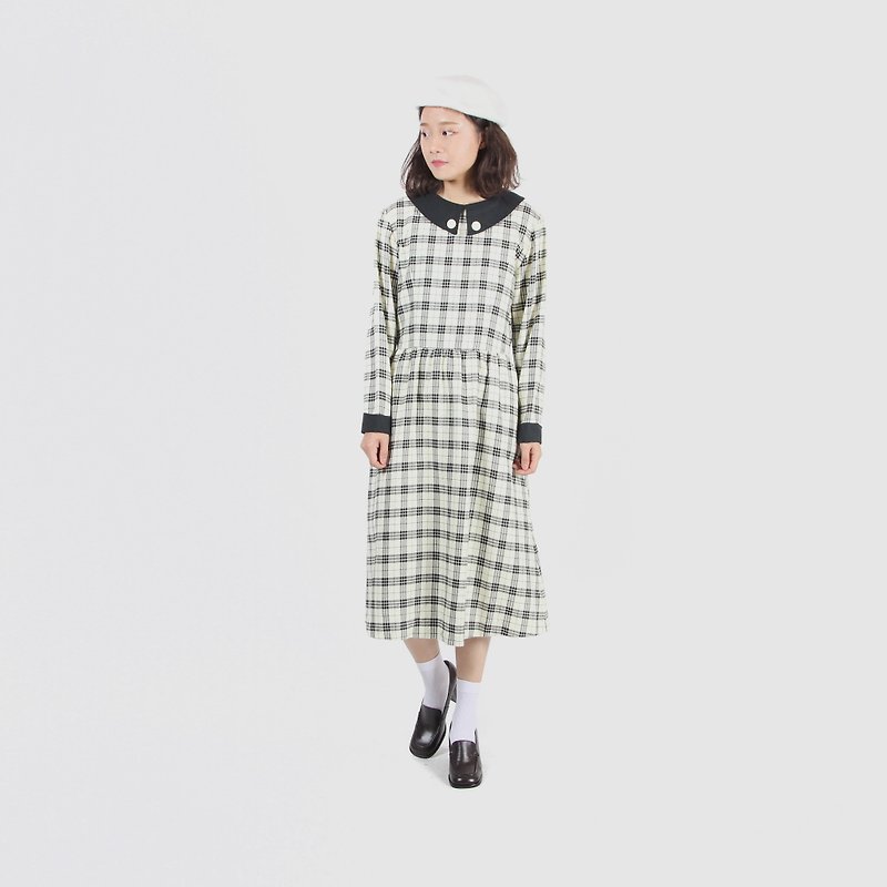 [Egg plant ancient] Showa plaid lapel print vintage dress - One Piece Dresses - Polyester 