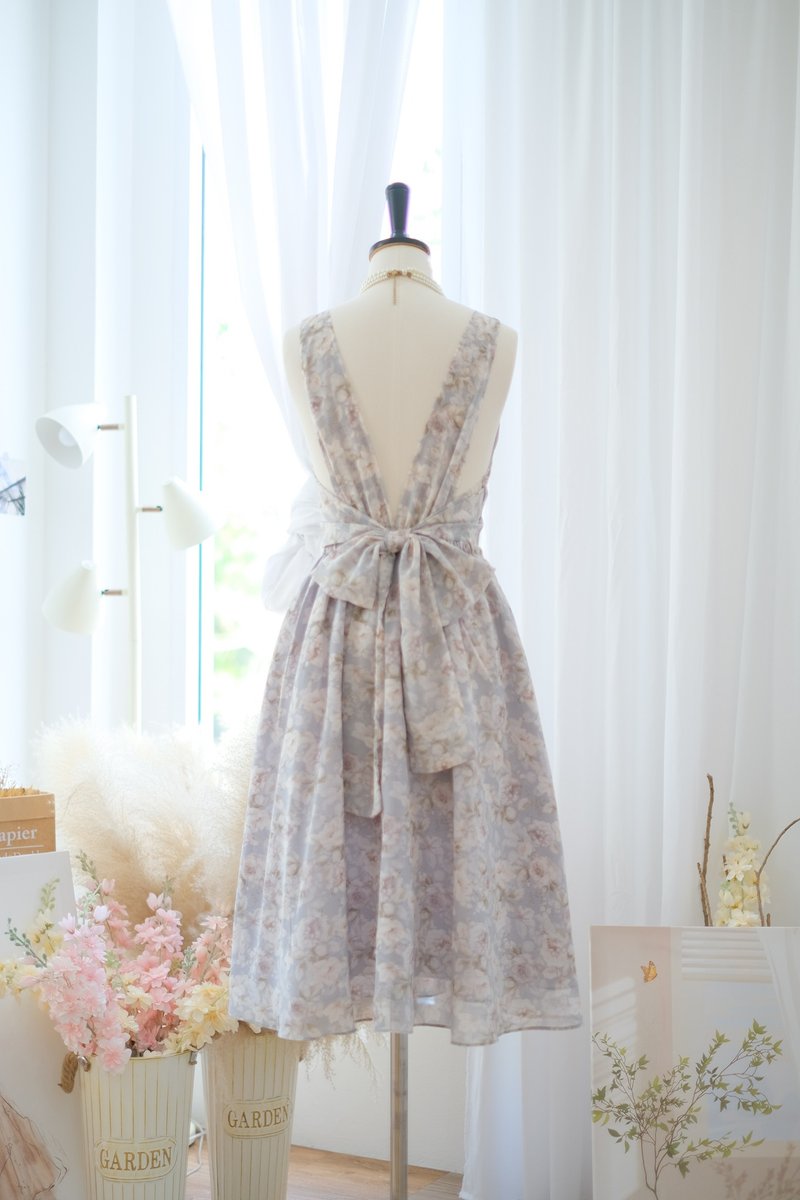 Dusty blue Floral Dress Prom Dress Bridesmaid Dress Cocktail Backless Mid length - 禮服/小禮服 - 聚酯纖維 藍色