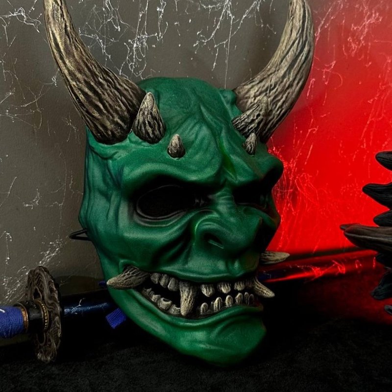 Green Horror Oni Mask, Oni Demon Mask, Japanese Demon Cosplay, Devil Mask - 口罩/口罩收納套 - 樹脂 綠色