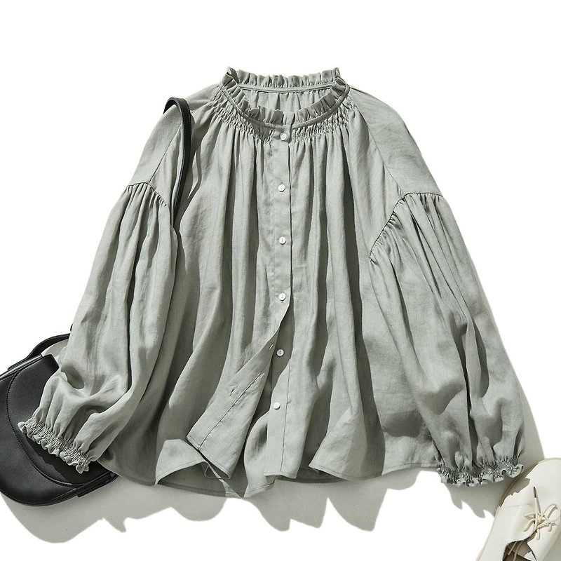A Linen blouse that gives off a mature and cute look. 100% Linen, bean brown, 240408-3 - Women's Shirts - Cotton & Hemp Green