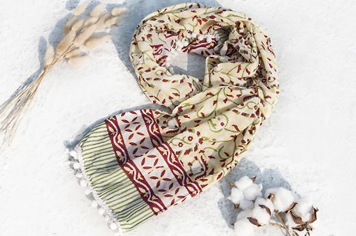 omhandmade 手織純綿絲巾/手工木刻印植物染圍巾/草木染棉絲巾-流蘇埃及花朵