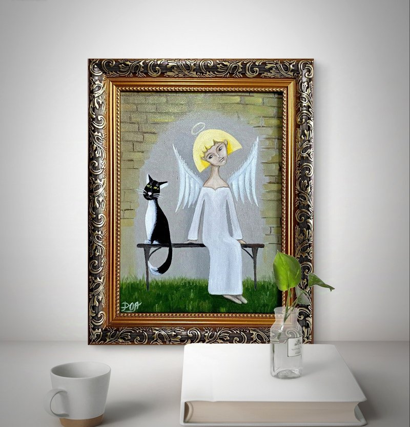 Angel oil painting original painting on stretched canvas angel and Cat in frame - Wall Décor - Other Materials Multicolor