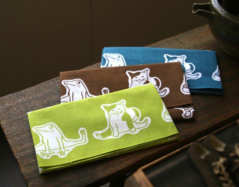 猫とカエルの手ぬぐい　3色セット - 絲巾 - 棉．麻 咖啡色