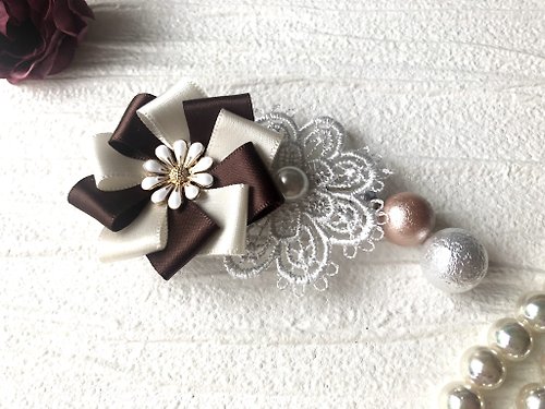 flor-accessory Pinkoi 先行販売 ロゼット バレッタ ブラウン ホワイト コットン パール