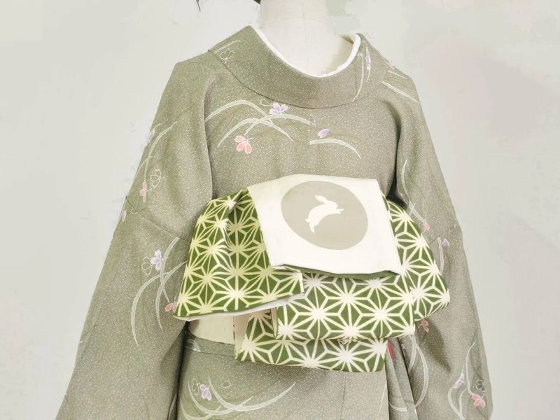 雙面和服半幅帶/ 浴衣腰帶 - 麻葉紋圖案樣式 - 皮帶/腰帶 - 聚酯纖維 綠色