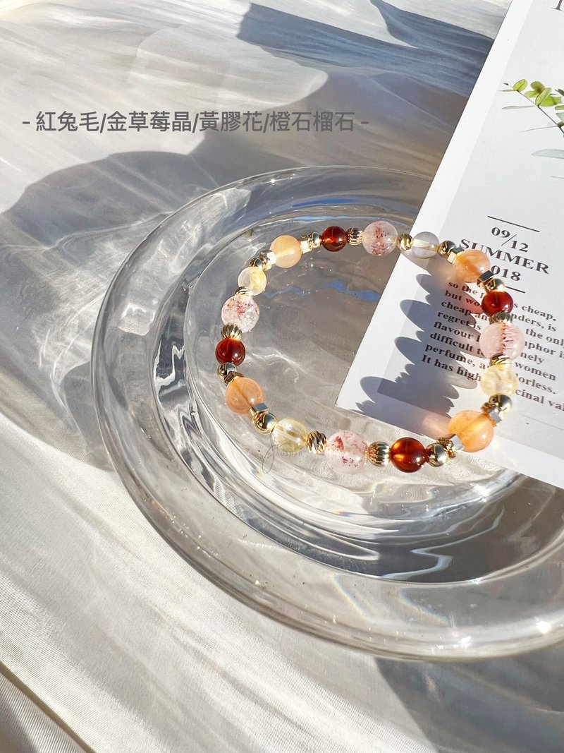 紅兔毛 金草莓晶 黃膠花 橙石榴石 天然石 水晶 手鍊 - 手鍊/手環 - 水晶 