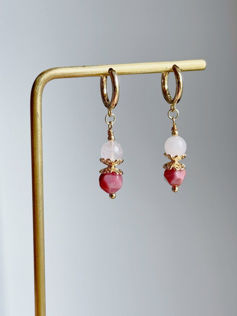 【Year-End Appreciation SALE】Rose Quartz Rhodonite Hoop Earrings | Enhance Love Luck Gentle Healing - Earrings & Clip-ons - Semi-Precious Stones Pink