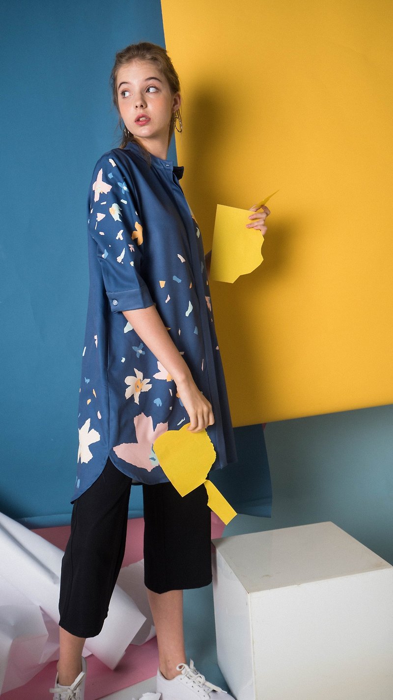 afterjuly petal系列 原創設計修身夏天寬鬆休閒襯衫連衣裙- 藍