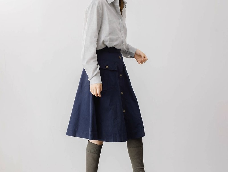 French Retro Girl Navy Blue Elite High Waist Cotton Skirt - Skirts - Cotton & Hemp Blue