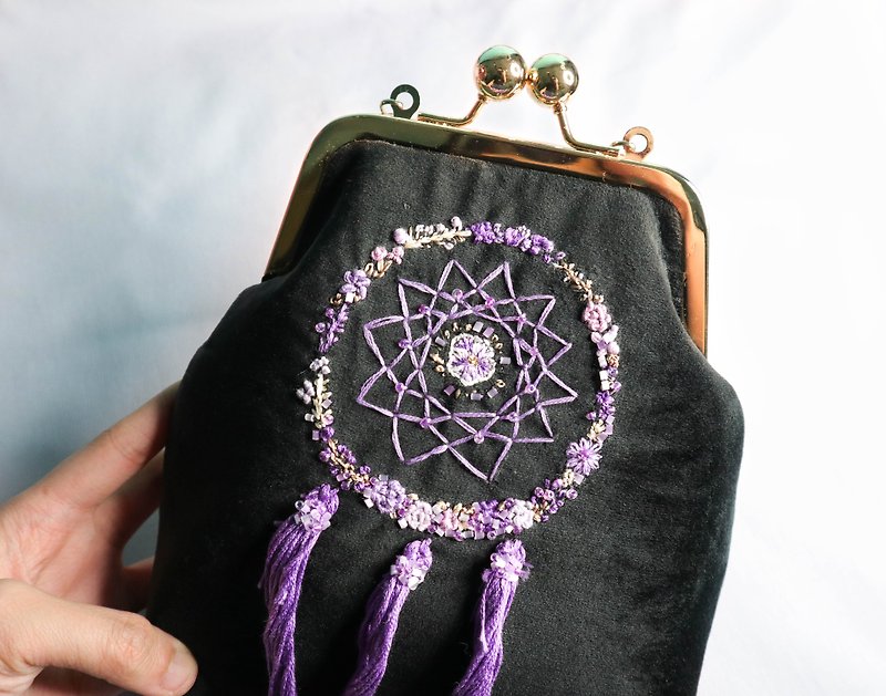 Handmade Embroidery Floral Dreamcatcher Bag (Velvet) | Purple - Messenger Bags & Sling Bags - Thread Purple