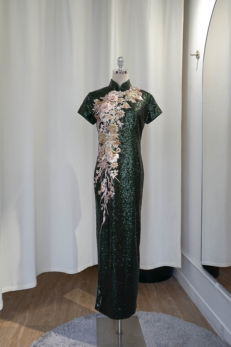 綠色珠片蕾絲花旗袍裙 | 晚裝禮服 | 新娘旗袍 - 旗袍 - 聚酯纖維 綠色