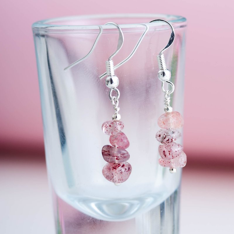 Strawberry Rose Quartz, 925 Sterling Silver Natural Gemstone Crystal Earrings - ต่างหู - คริสตัล สึชมพู
