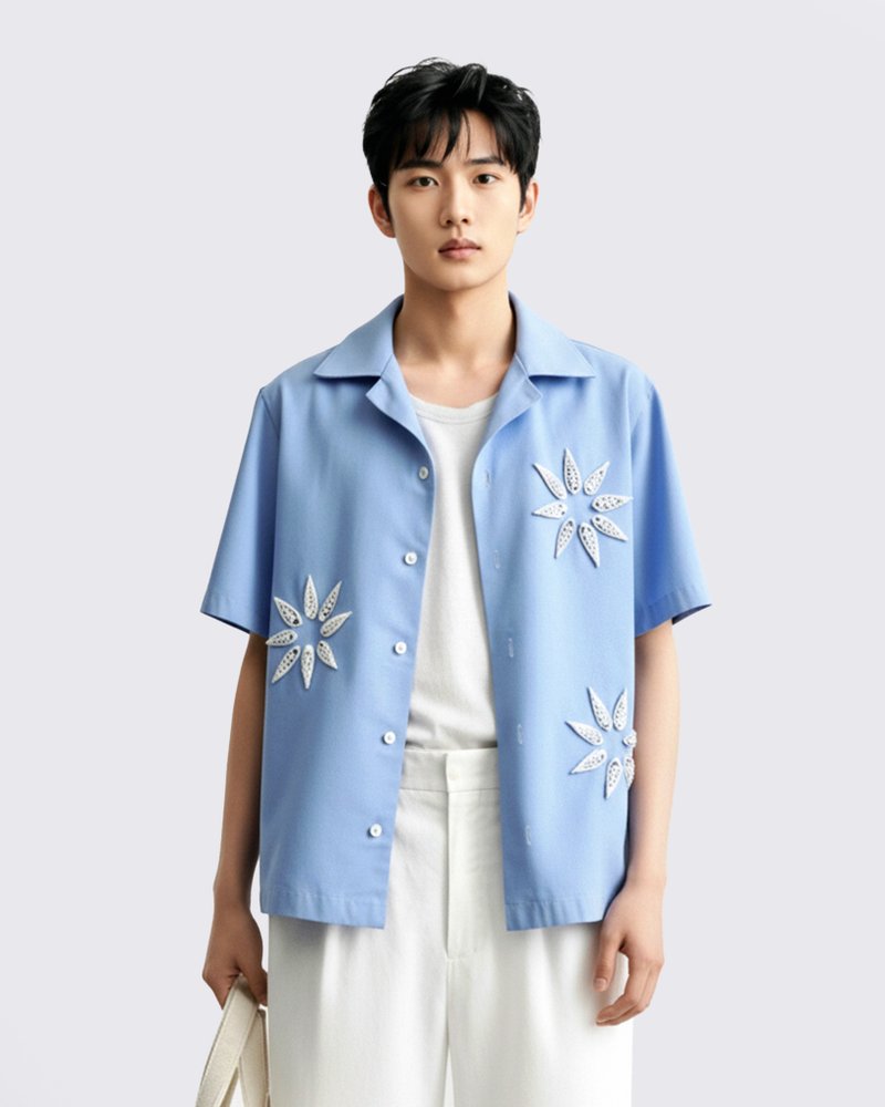 男士亞麻襯衫海貝花卉裝飾 - 男襯衫/休閒襯衫 - 亞麻 藍色