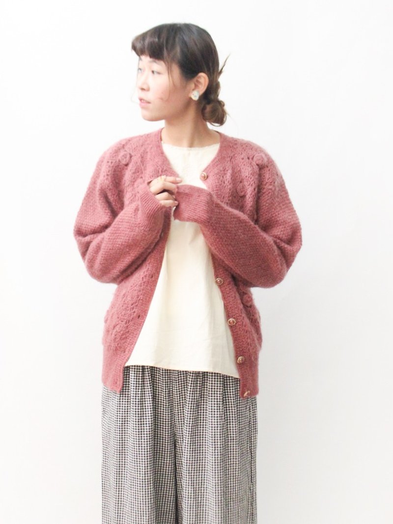 【RE1021SW140】 Autumn retro lovely flowers woven lotus root pink sweater knitted jacket - Women's Sweaters - Wool Pink