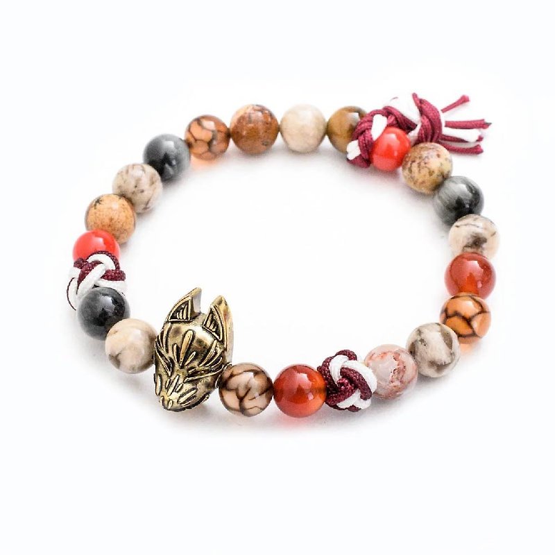 【Inari. Golden Fox. Woven red string] wind Japanese-style beaded handmade bracelet tiger eye Stone fox face agate - สร้อยข้อมือ - ทองแดงทองเหลือง สีแดง