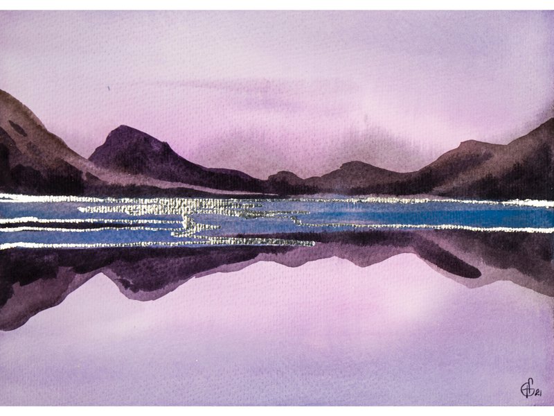Mountain Painting Purple Landscape Original Art Abstract Watercolor Hand-Painted - 海報/掛畫/掛布 - 紙 紫色