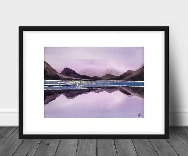 山の絵 紫 風景 オリジナルアート 抽象画 水彩 手描き - ショップ