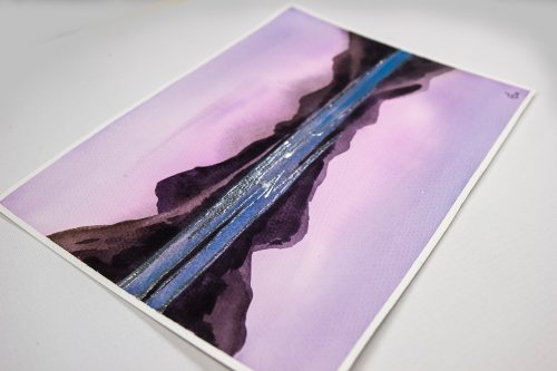 山の絵 紫 風景 オリジナルアート 抽象画 水彩 手描き - ショップ
