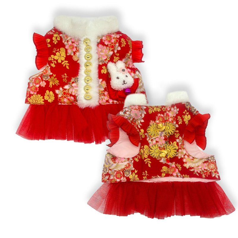 IPET 小免新年背心網紗裙 - 寵物衣服 - 其他人造纖維 紅色