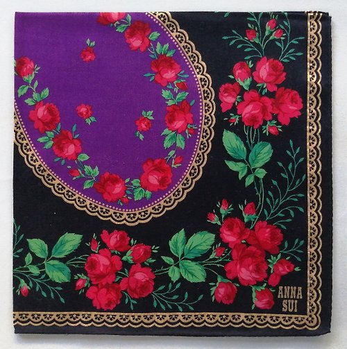 orangesodapanda Anna Sui Vintage Handkerchief Red Roses 20 x 19.5 inches Vintage Scarf