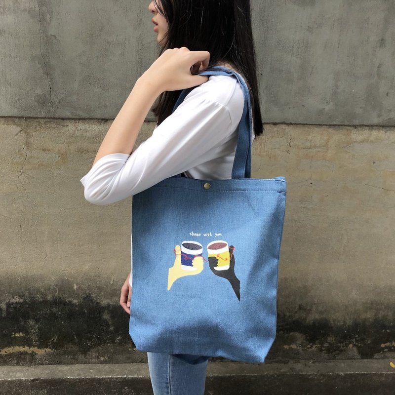 Share the happiest with you-three-purpose long and short shoulder color silk-printed bag - Messenger Bags & Sling Bags - Other Materials Blue