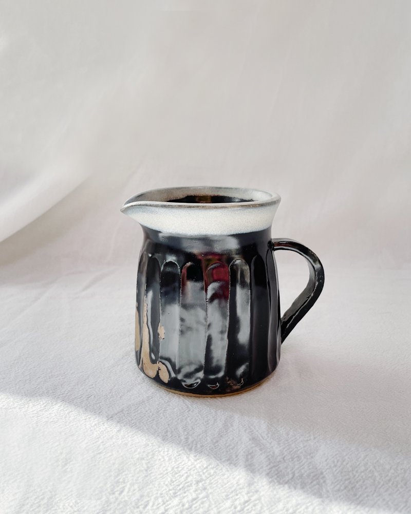 Ceramic handmade | Black Blue Carved Milk Mug - แก้ว - ดินเผา สีดำ