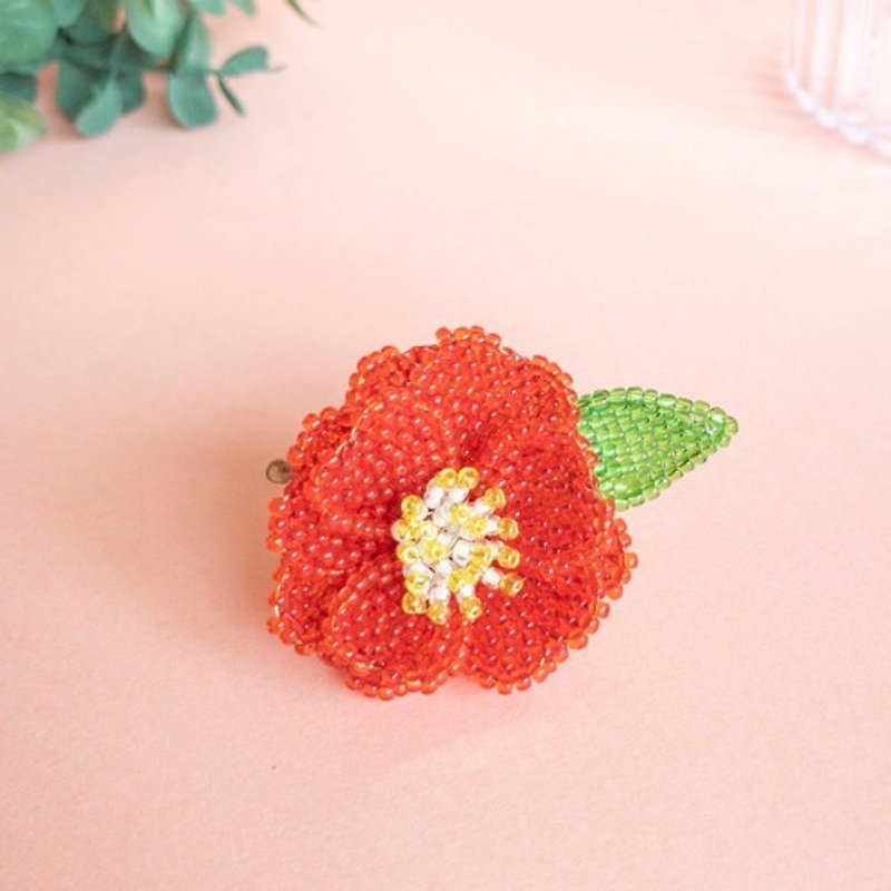 camellia beads stitch brooch - Brooches - Other Materials Red