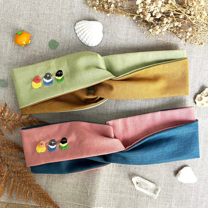 牡丹丸子雙色扭結手工刺繡髮帶 - 髮箍/髮帶 - 繡線 多色