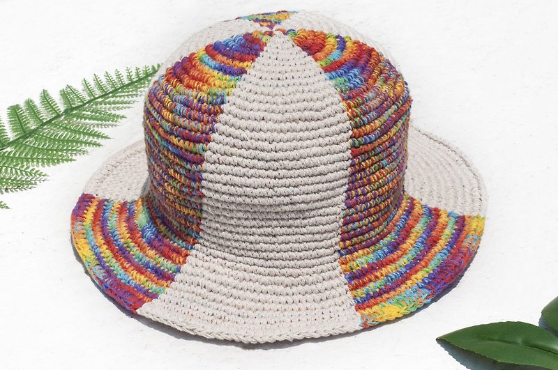 手工編織棉麻帽 編織帽 漁夫帽 遮陽帽 草帽 登山帽-雨後的彩虹色 - 帽子 - 棉．麻 多色