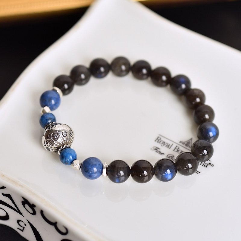 Black body labradorite + blue line stone + lapis lazuli sterling silver bracelet - Bracelets - Crystal Black