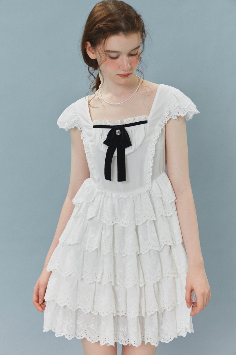 バレエコア レトロバレエドレス ホワイトレース ティアードケーキドレス ワンピース - ワンピース - コットン・麻 ホワイト