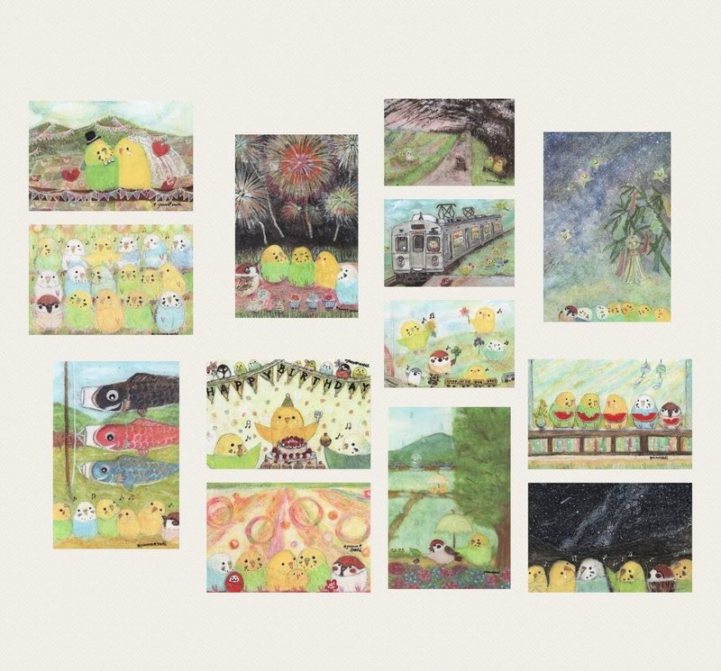 鳥のポストカードFセット 作家手作り-13枚入り - 卡片/明信片 - 紙 多色