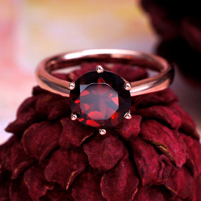 公主 – 8 mm 圓形 切角 紅石榴石 純銀 電18K玫瑰金 戒指 - 戒指 - 寶石 紅色