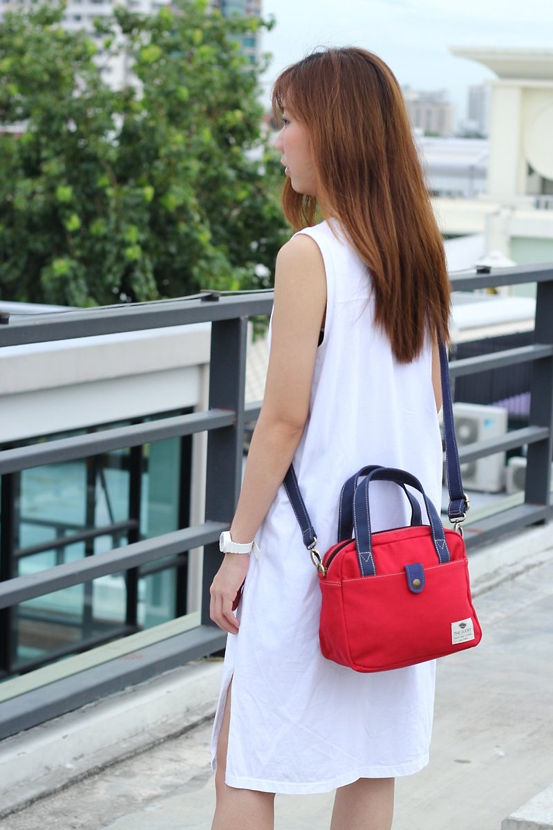 mini bag - red+navy blue(strap) - Messenger Bags & Sling Bags - Cotton & Hemp Red