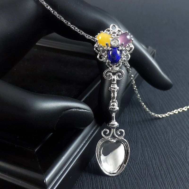 真善美銀湯匙 - 寶石鑲嵌珠寶鍍金925純銀墜子 - 彌月祝福禮物 - 項鍊 - 寶石 多色