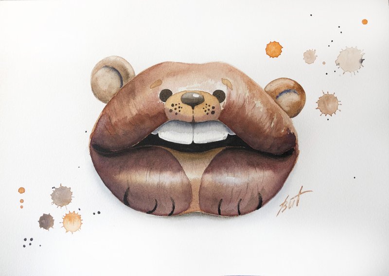 Bear Painting Lips Original Artwork Fashion Watercolor Animal Wall Art - 海報/掛畫/掛布 - 紙 