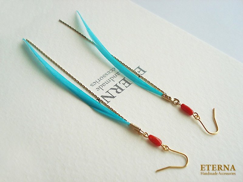 Blue goose quill with red coral hook earrings 穿孔耳環 - Earrings & Clip-ons - Other Metals Green