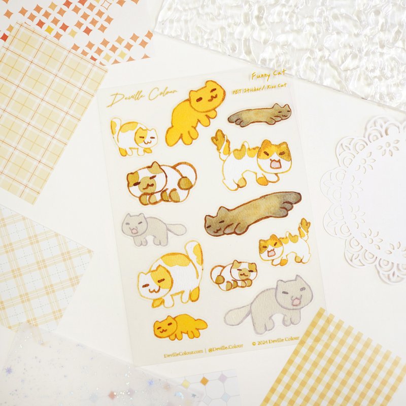 【Funny Cat】PET White Ink Sticker Sheet - สติกเกอร์ - พลาสติก สีส้ม