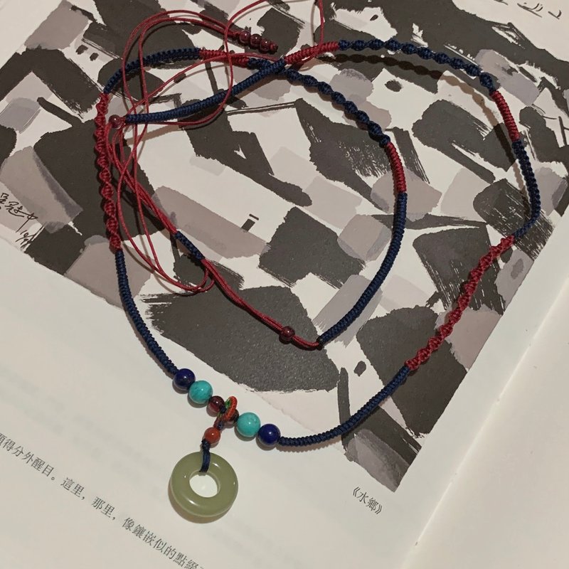 客制化//和田玉平安扣 青金石 綠松石 石榴石編織項鏈 - 項鍊 - 玉石 綠色