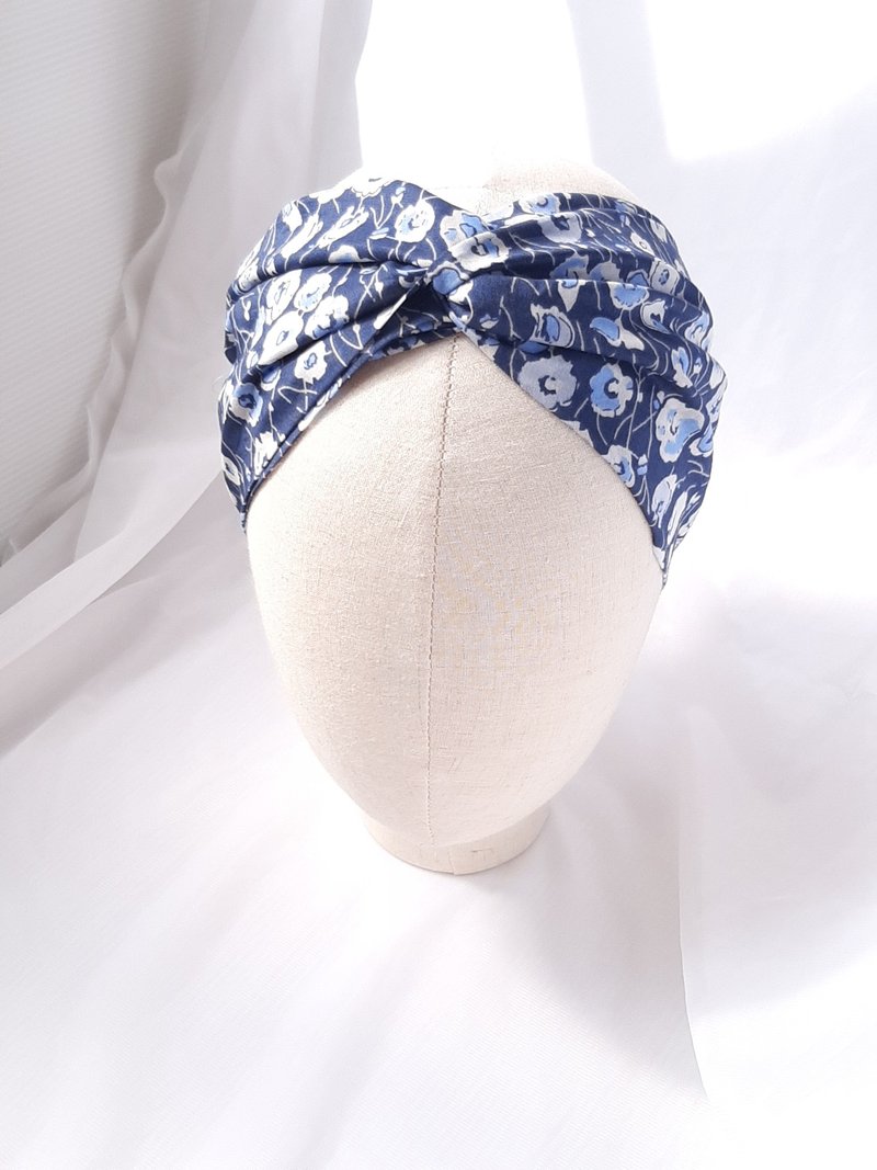 Dark blue small pattern headscarf wide headband - ที่คาดผม - ผ้าฝ้าย/ผ้าลินิน สีน้ำเงิน