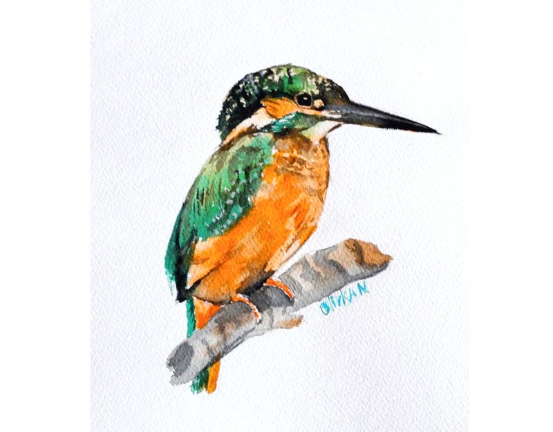 Bird Painting Kingfisher Original Watercolor Blue Bird Wall Art Kingfisher Above - 海報/掛畫/掛布 - 環保材質 綠色