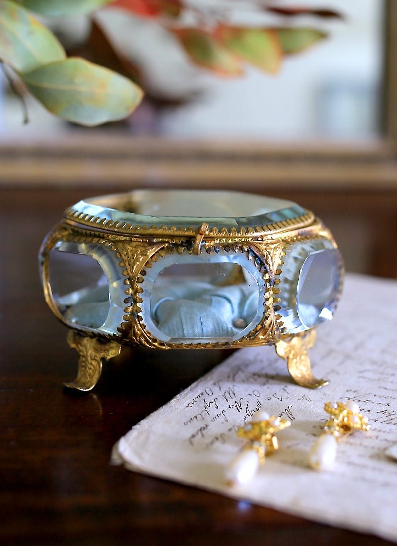 วัสดุอื่นๆ อื่นๆ สีทอง - France 19th [Moonlight Blue] Antique Gold Plated Jewelry Box Glass Box Jewelry Box