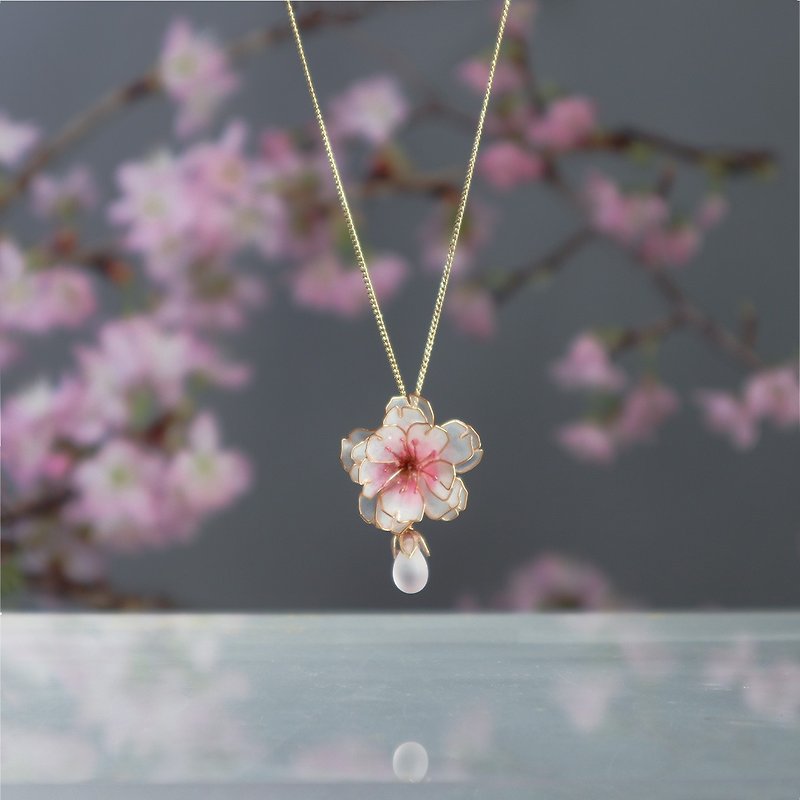 Dancing double cherry blossom drop necklace - Necklaces - Other Materials Pink