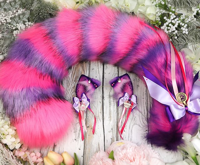 紫とピンクのチェシャ猫の耳と尻尾のセットフェイクファーの耳と尻尾の