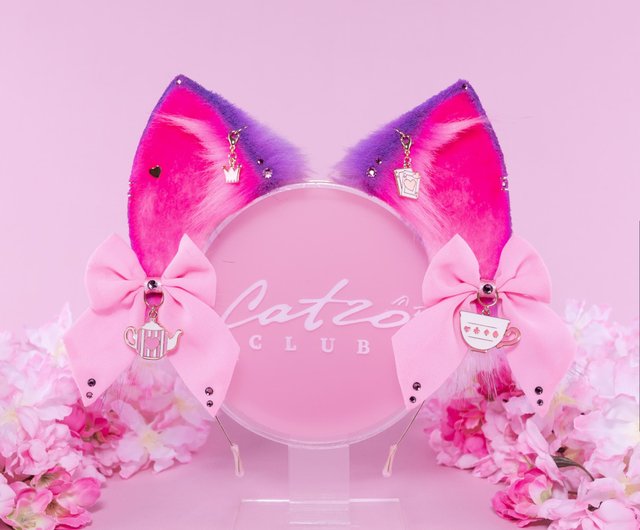 紫とピンクのチェシャ猫の耳としっぽセット フェイクファーの耳と