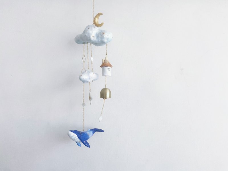 Moon Cloud Whale Swimming Wind Chimes - Items for Display - Clay Blue