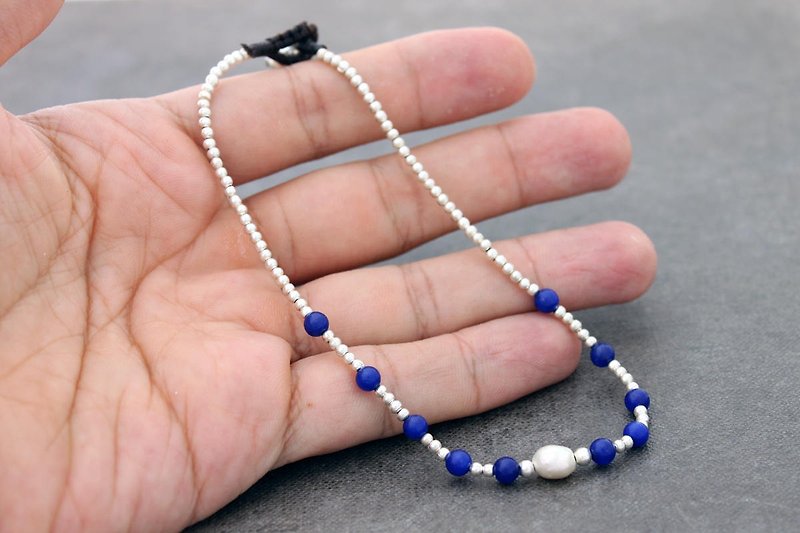 Anklets Beaded Blue Jade Pearl Silver Minimal Simple Gift For Women  - กำไลข้อเท้า - เงิน สีน้ำเงิน