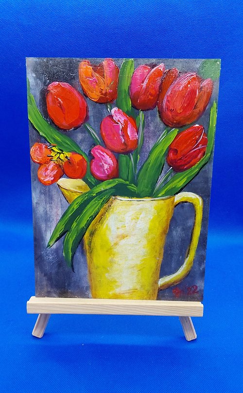 CosinessArt Still Life Tulips in a Jar Romantic Oil Painting Garden Flower Original Wall Art